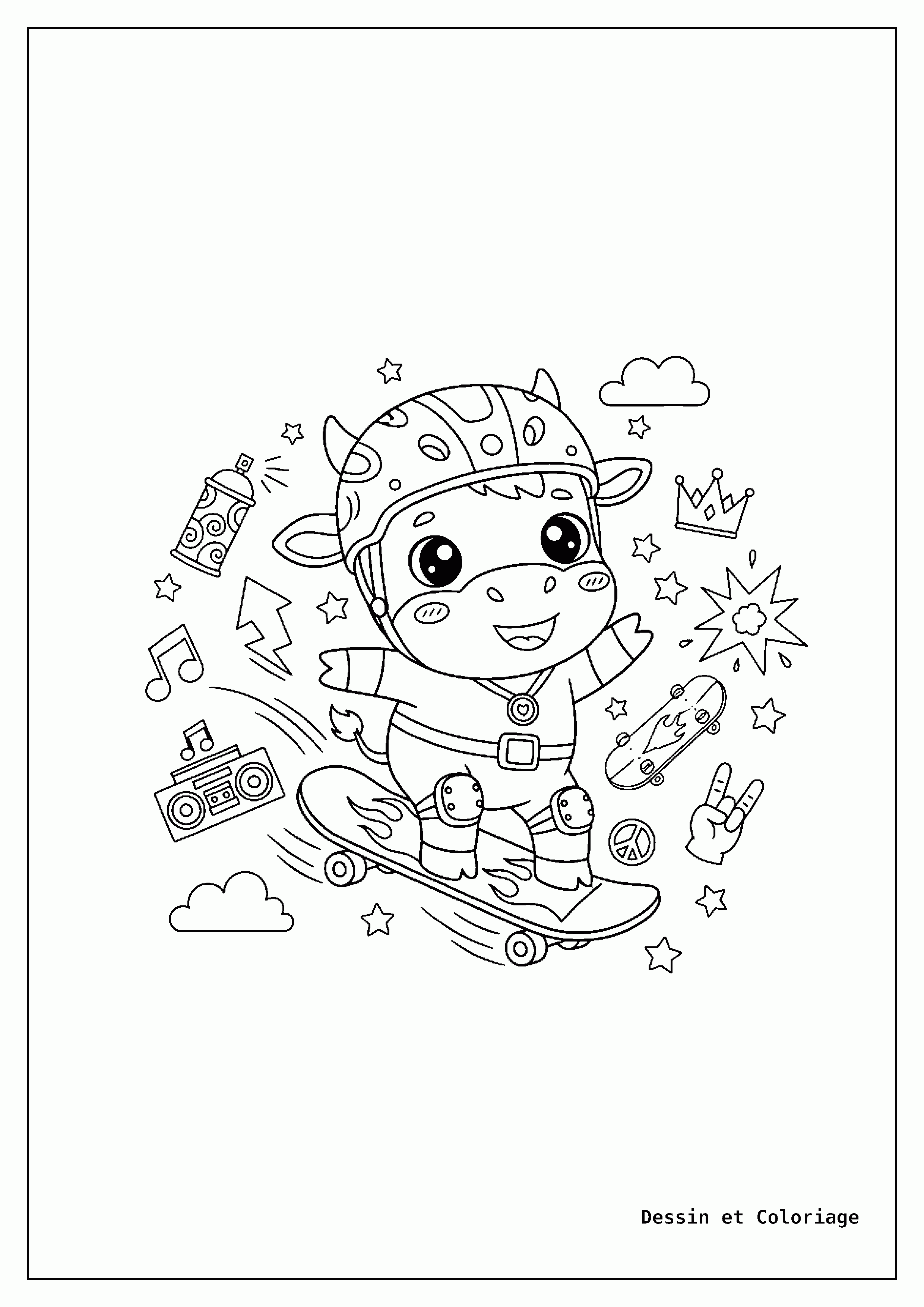 coloriage vache — Vache sur un skateboard avec un casque, entourée d'éléments de street art, d'étoiles et de lignes de mouvement.