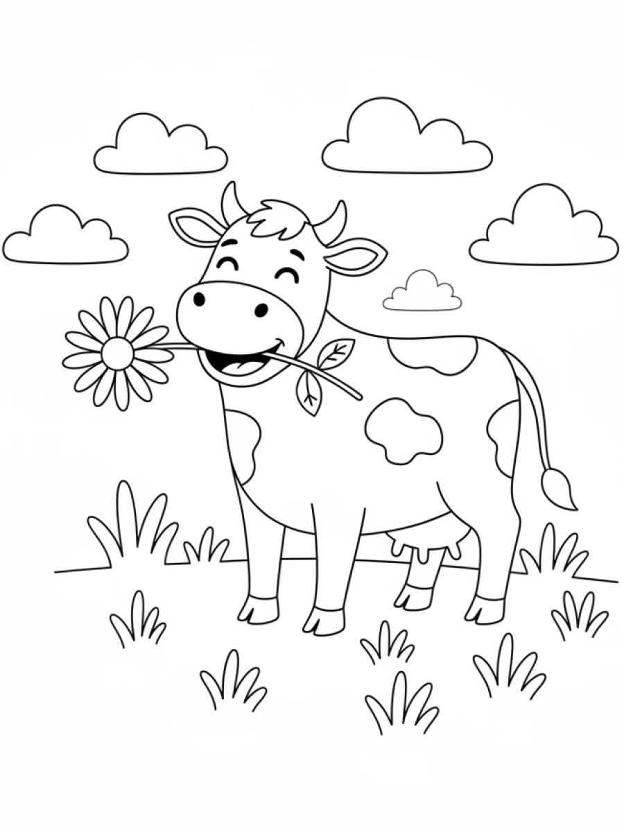 Coloriage vache souriante avec fleur