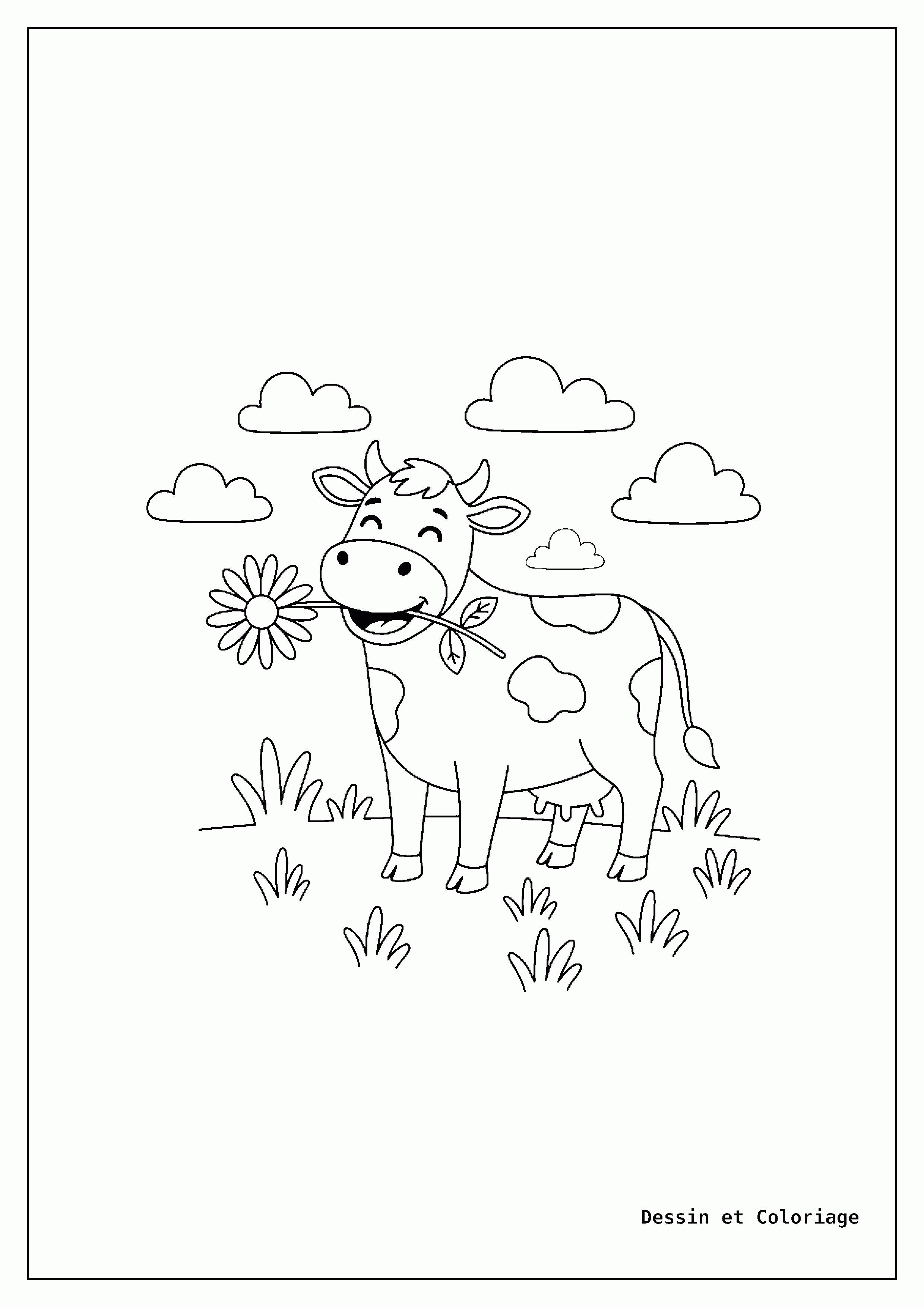 coloriage vache — Vache souriante avec une marguerite, des grands yeux et des petites cornes.