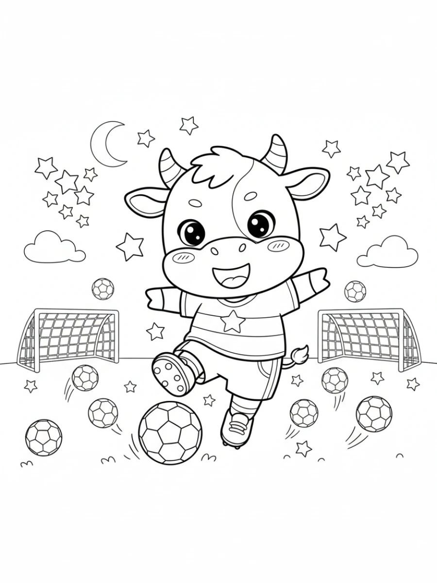 coloriage vache — Vache sportive jouant au football, frappant un ballon, entourée de ballons, de poteaux de but et d'étoiles.