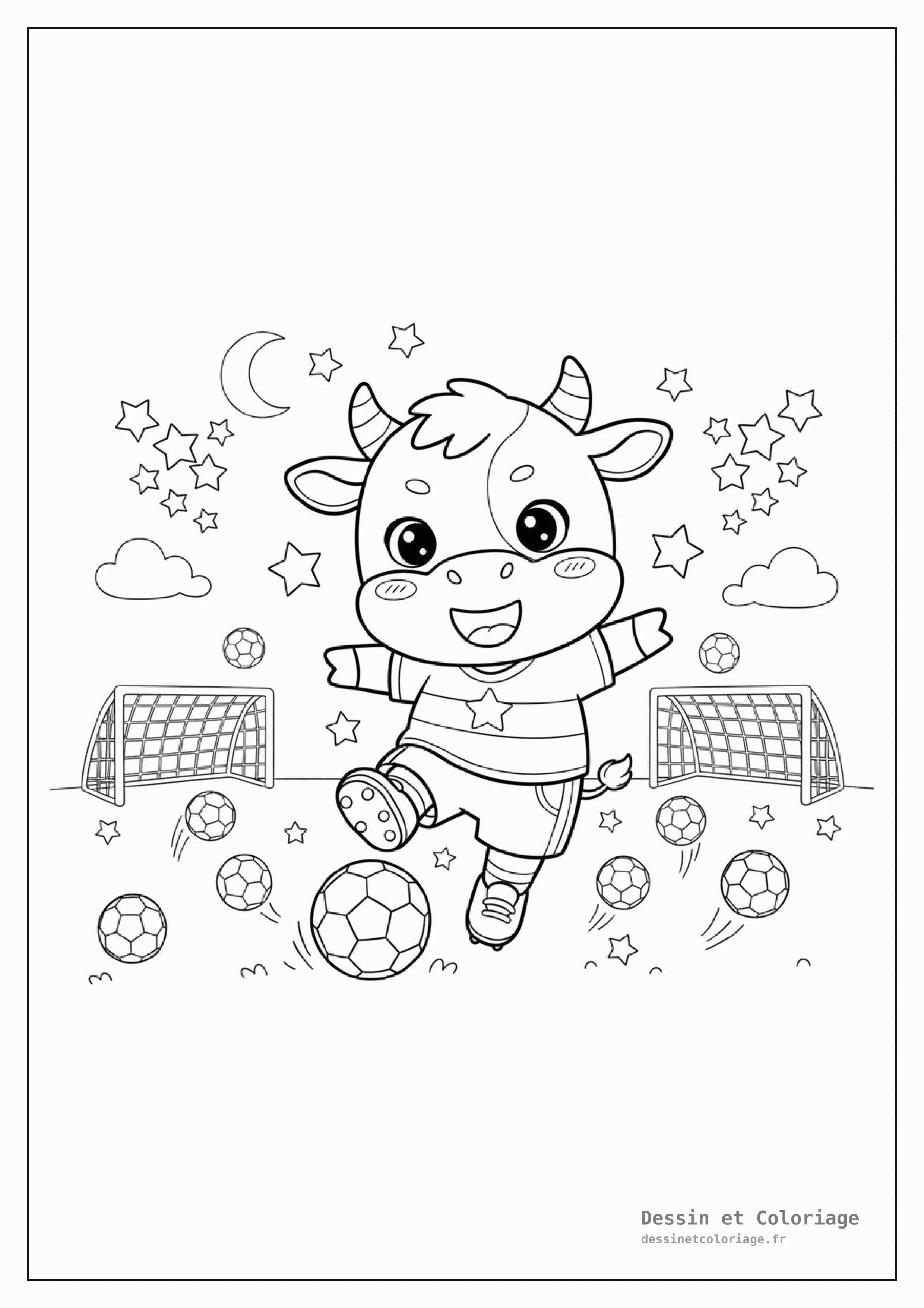 coloriage vache — Vache sportive jouant au football, frappant un ballon, entourée de ballons, de poteaux de but et d'étoiles.
