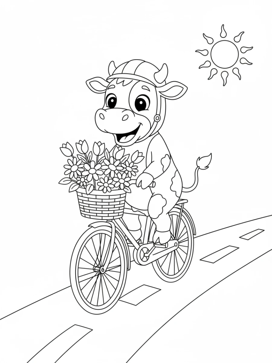 Coloriage vache à bicyclette