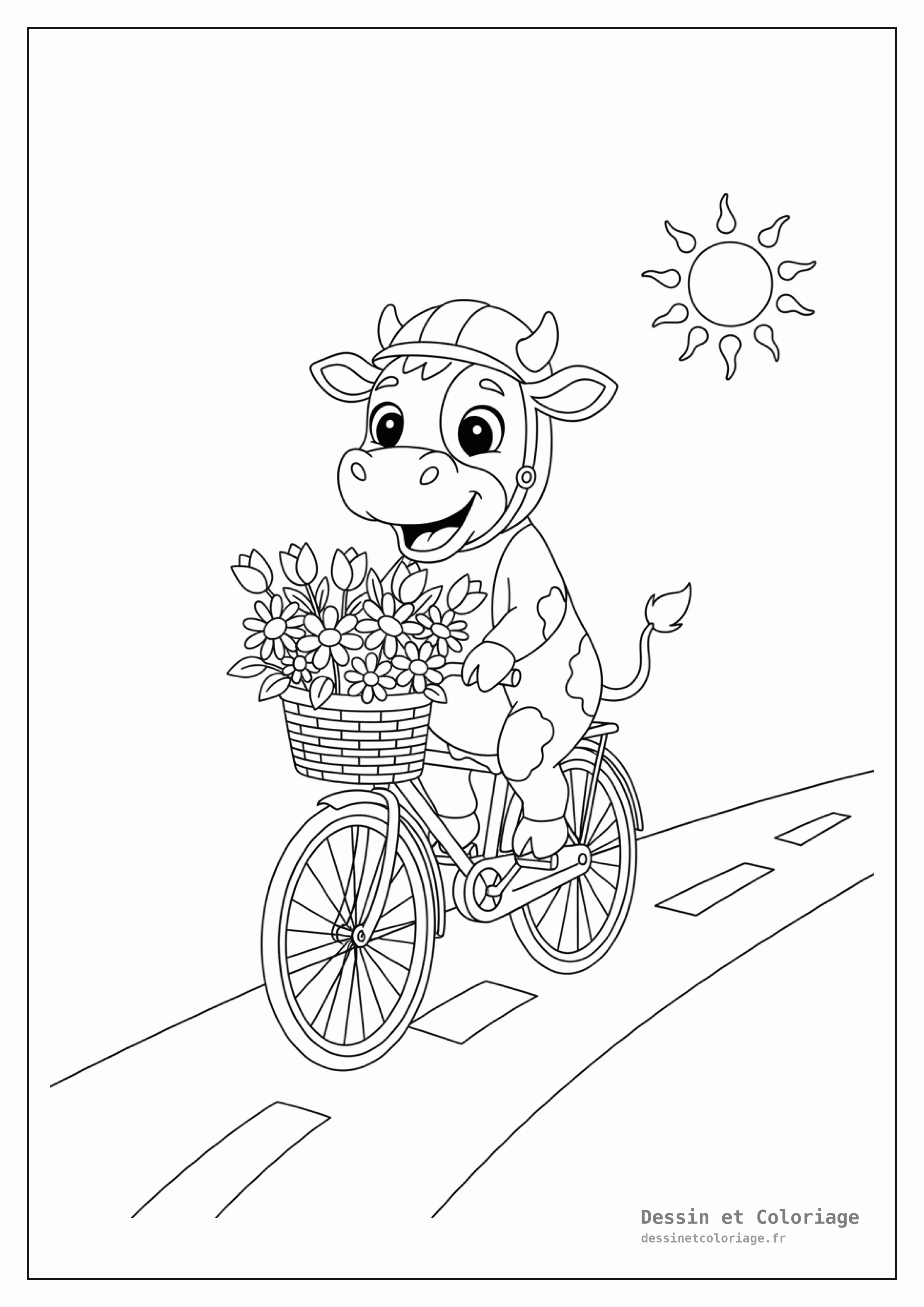 coloriage vache — Vache à vélo avec un panier de fleurs, sur une route de campagne sous le soleil.