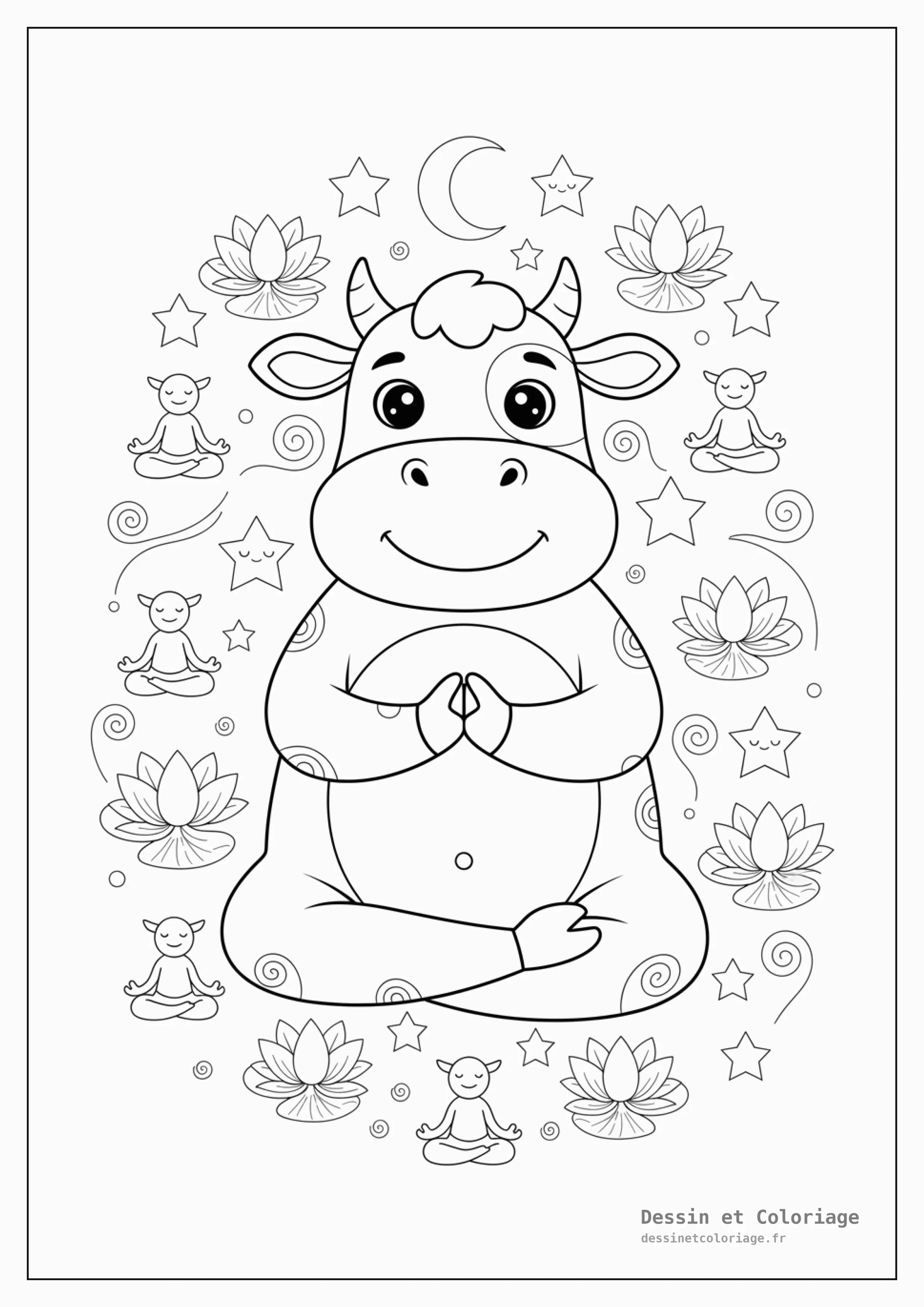 coloriage vache — Vache calme faisant une pose de yoga, entourée de fleurs de lotus, de feuilles et d'étoiles méditatives.