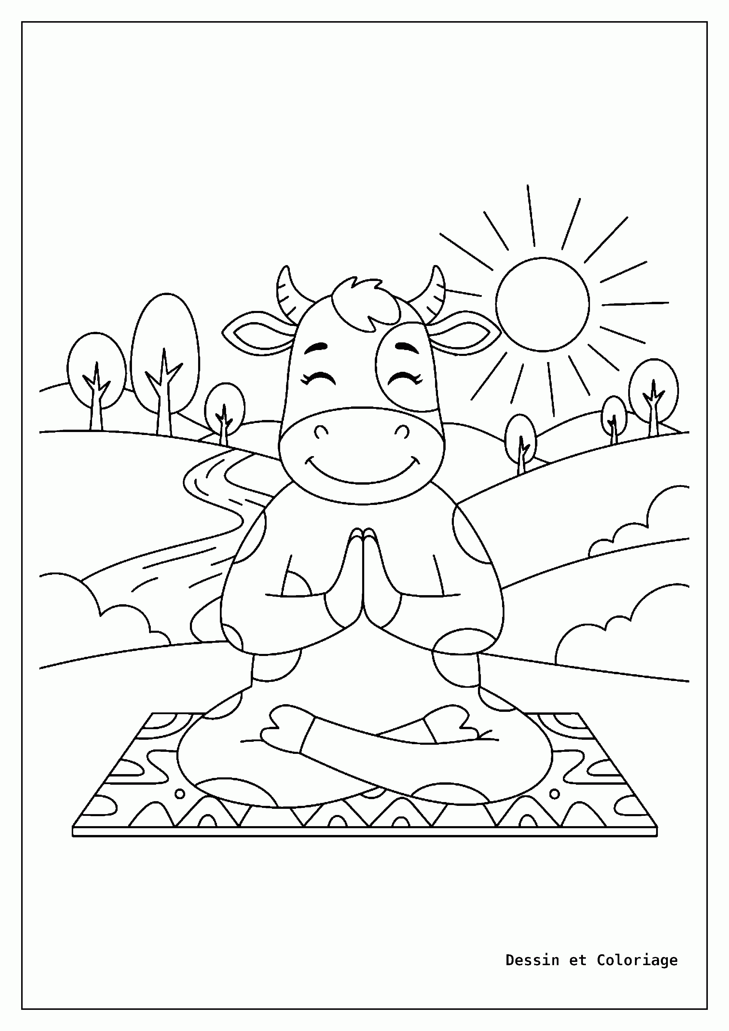 coloriage vache — Vache calme en position de yoga, les yeux fermés et les pattes croisées sur un tapis.